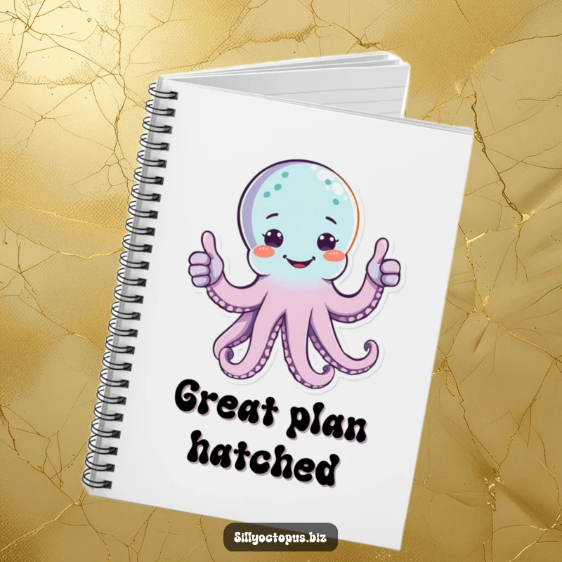 Funny happy octopus character giving two thumbs up with multiple arms, on the cover of a notebook.