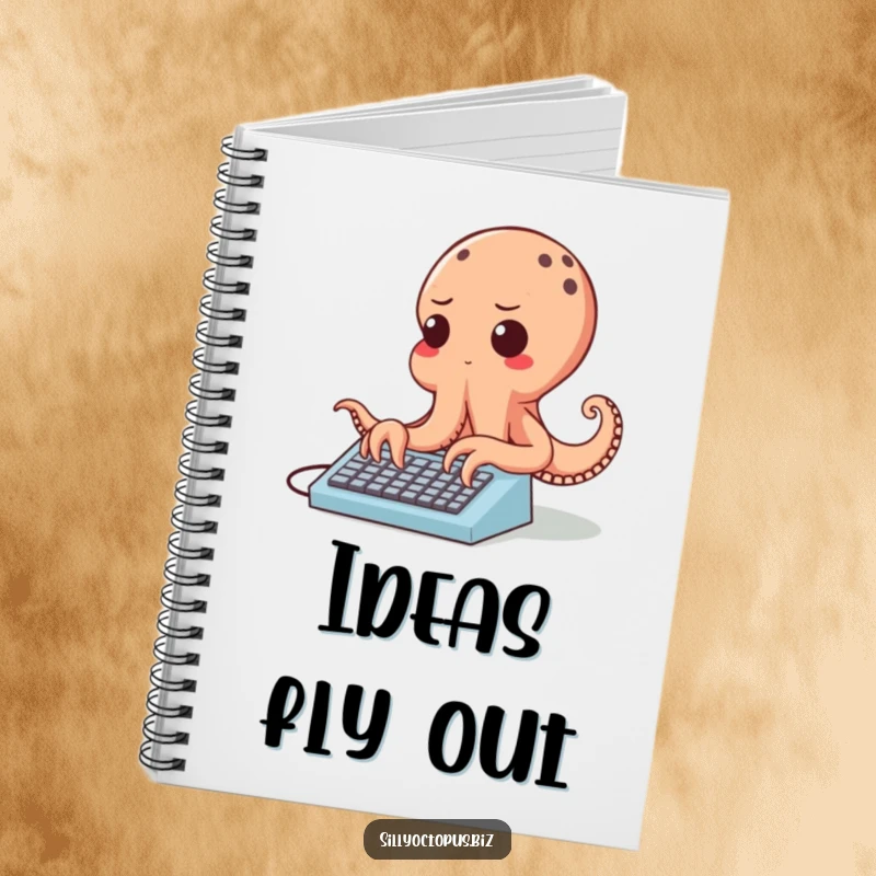 Funny cheerful octopus character typing rapidly on a tiny keyboard, on the cover of a notebook.