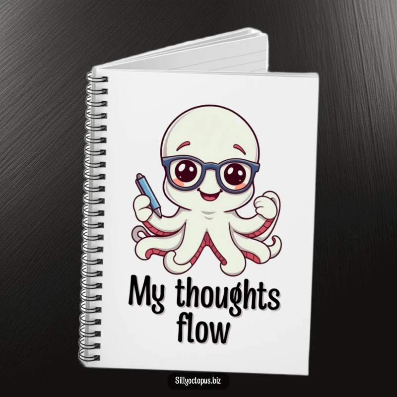 Funny smiling octopus character wearing tiny office glasses and holding a pen, on the cover of a notebook.