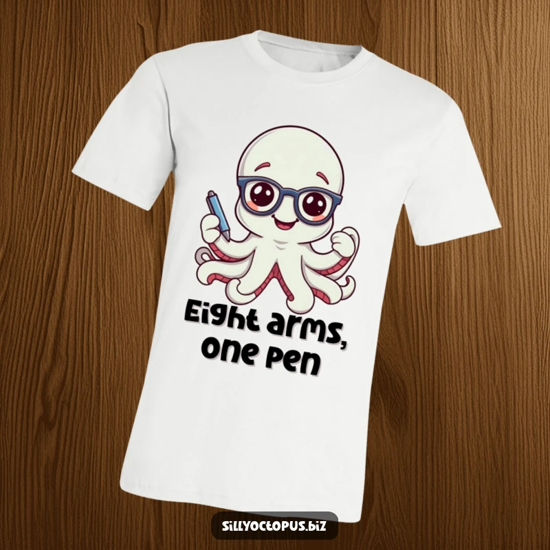 Funny smiling octopus character wearing tiny office glasses and holding a pen, on a soft graphic tee.