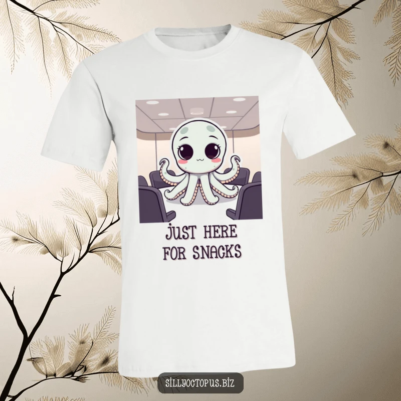 Funny octopus with large, expressive dot eyes attending a formal business meeting, making for humorous office apparel.