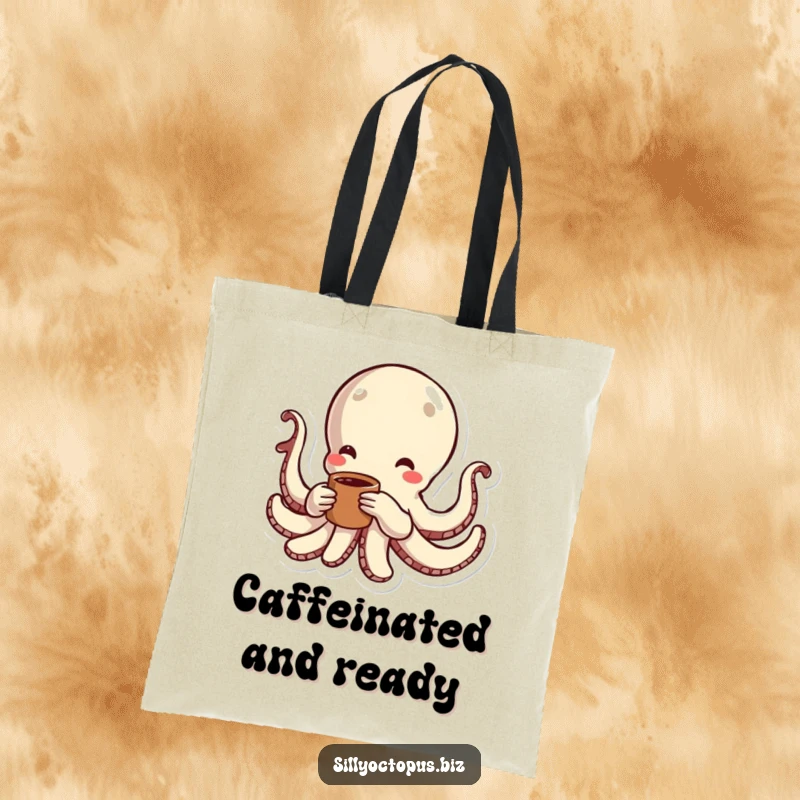 Funny octopus with radiating energy lines, holding a coffee cup, a humorous and practical tote bag.