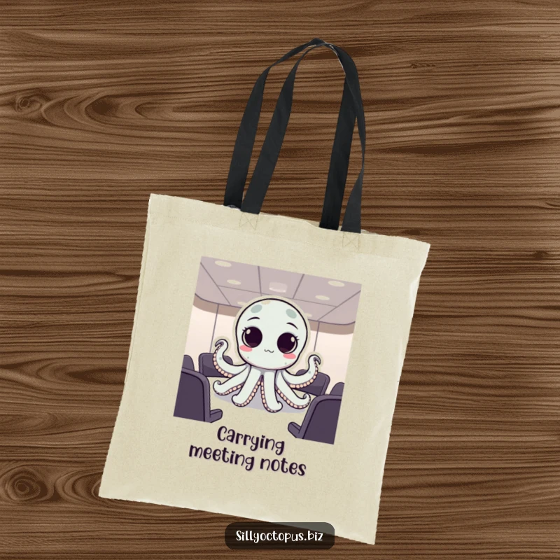 Funny octopus with large, expressive dot eyes participating in a business meeting, a humorous and practical tote bag.