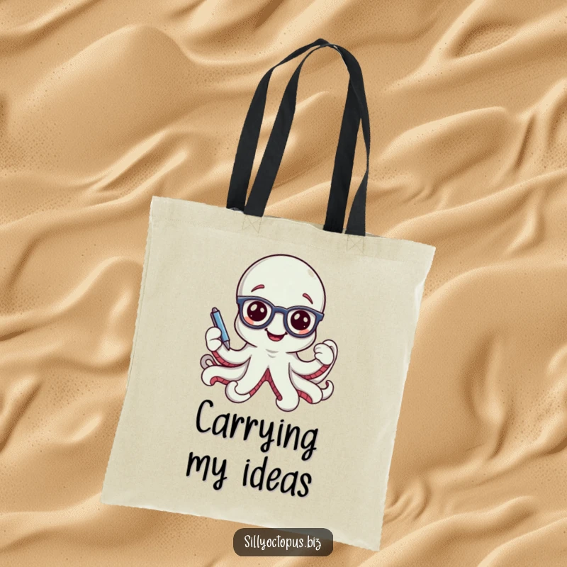 Funny smiling octopus character wearing tiny office glasses and holding a pen, on a durable tote bag.