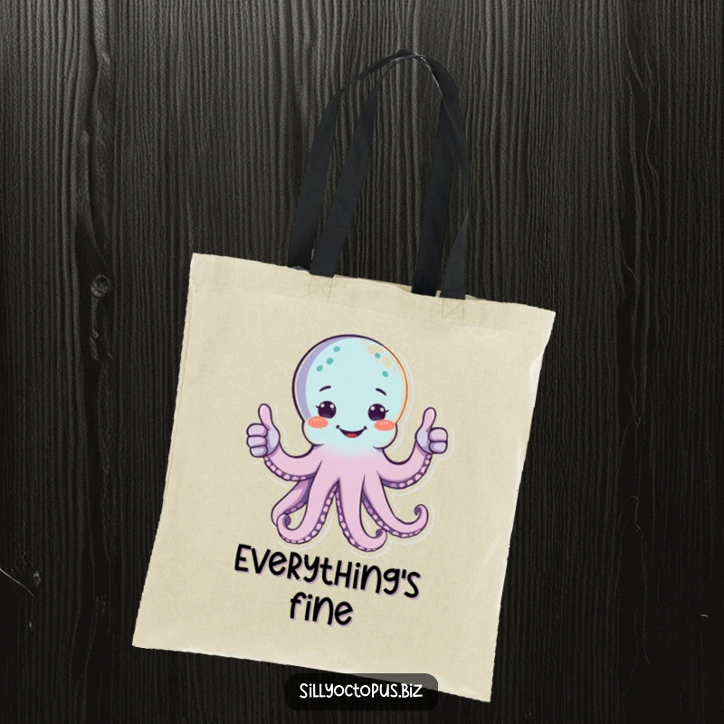 Funny happy octopus character giving two thumbs up with multiple arms, on a durable tote bag.