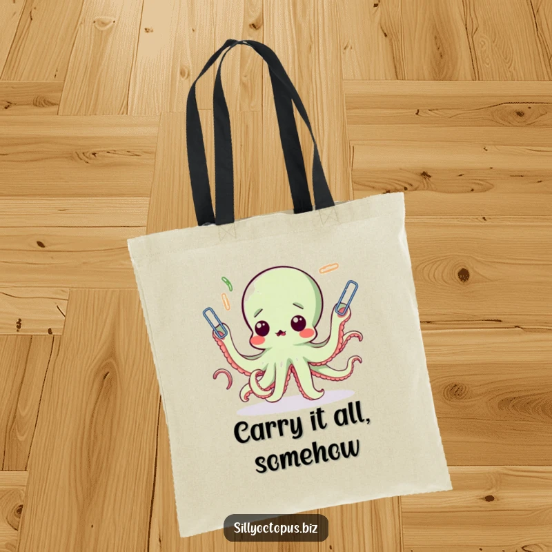 Funny octopus tote bag featuring a shocked octopus fumbling with a pile of paperclips, a humorous accessory for daily errands.